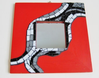 Handmade mosaic red abstract mirror. Red mirror with black and white tile mosaic. Abstract black white  mosaic # M 1