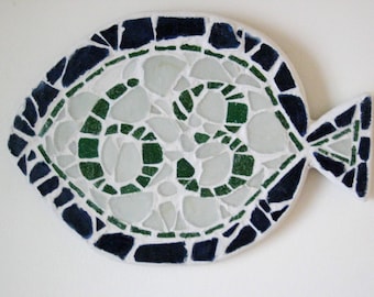 SOLD Personaized outdoor FISH coastal beach address number 63 mosaic door sign plaque  blue green