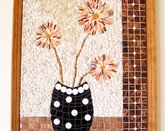 Mosaic colorful flowers in black vase /  Mantel mosaic /  Mosaic tile brown wall art / Mosaic bouquet red yellow orange purple petals # W 4