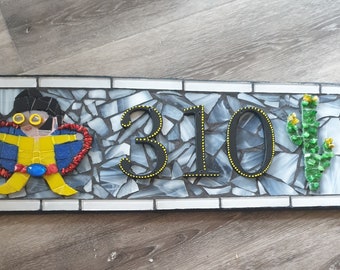 Elvis Mosaic House plaque number, Desert cactus sign, 3 digits Street number 310, Porch sign, Item #  S 0202