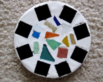 Set of 4 Round mosaic coasters with colorful stones  Round drink tile mosaic A set of white coasters with bright mosaic # C1