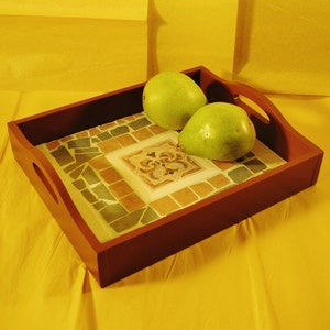 Brown Mosaic tile tray, Handmade brown mosaic platter, Mosaic Serving Tray Wooden serving tray-Green-Beige # T 10