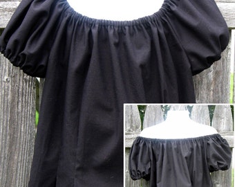 Girls Hand-Made Black Peasant Gypsy Blouse from 1950s Pattern Puff Sleeve Elastic Neckline Choose Size