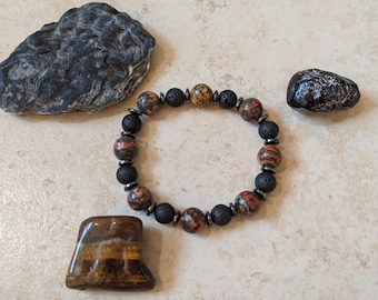 Mojo's Beads "Leopard Skin v1" Jasper Stone / Hematite / Lava Rock Essential Oil Bracelet