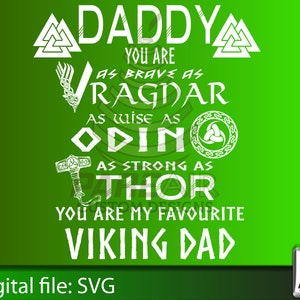 Daddy Viking SVG Papa je bent zo dapper als Ragnar, zo wijs als Odin, zo sterk als Thor (Canadese en Amerikaanse spelling) Vikings thema SVG