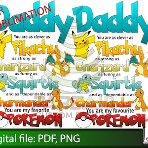Pokemon a inspiré la conception de t-shirts pour la fête des pères ou l'anniversaire. Fichier numérique PDF pour sublimation. Orthographe américaine et canadienne.