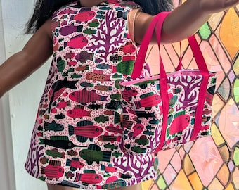 Funky Fishes matching dress and tote  set for 18" dolls