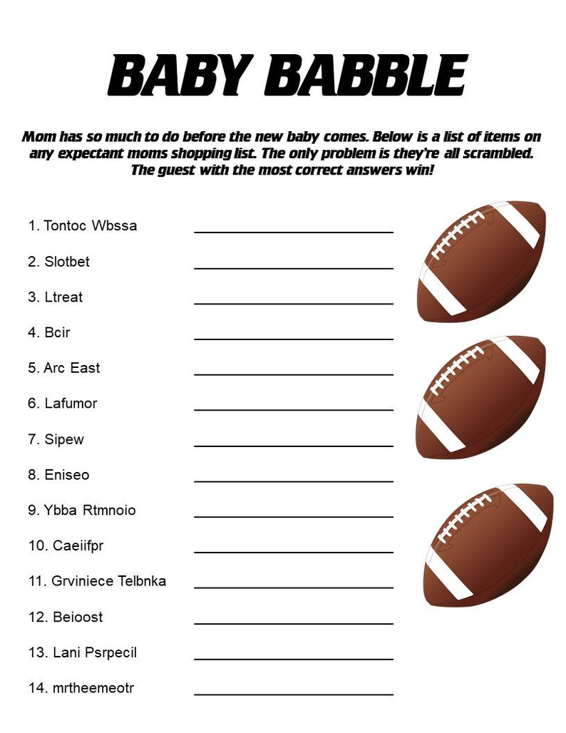 Football Themed Baby Babble Shower Game Etsy