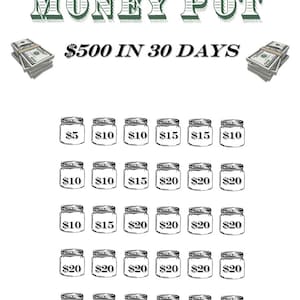 May include: A black and white illustration of a money pot challenge. The image shows a series of jars with dollar amounts written on them. The text "MONEY POT" and "$500 IN 30 DAYS" is written at the top of the image.