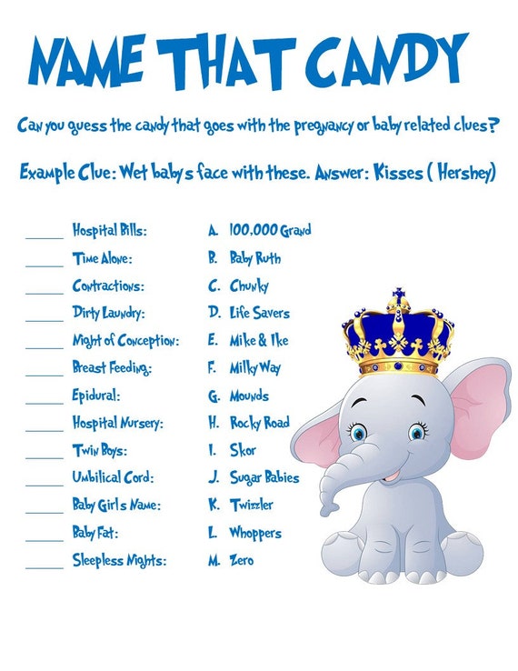 Name That Candy Royal Elephant Themed Baby Shower Game