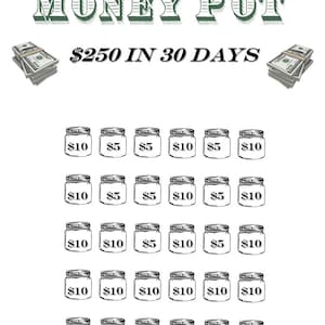 Könnte beinhalten: Eine Schwarzweißillustration einer Geldtopf-Herausforderung. Das Bild zeigt 30 Gläser mit darauf geschriebenen Dollarbeträgen, die insgesamt 250 Dollar ergeben. Der Text "MONEY POT" und "250 $ IN 30 TAGEN" steht oben im Bild.