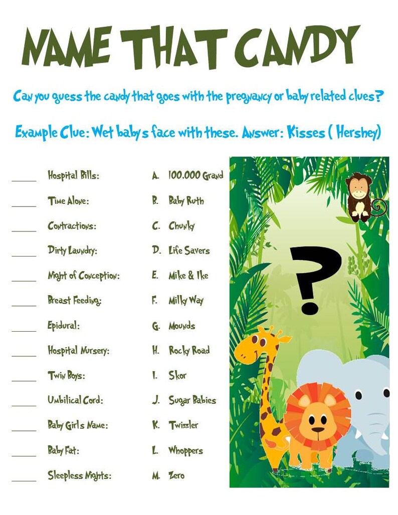 Jungle Animal Baby Shower Game Name That Candy Etsy Jungle Animal Baby Shower Game Name That Candy Etsy
