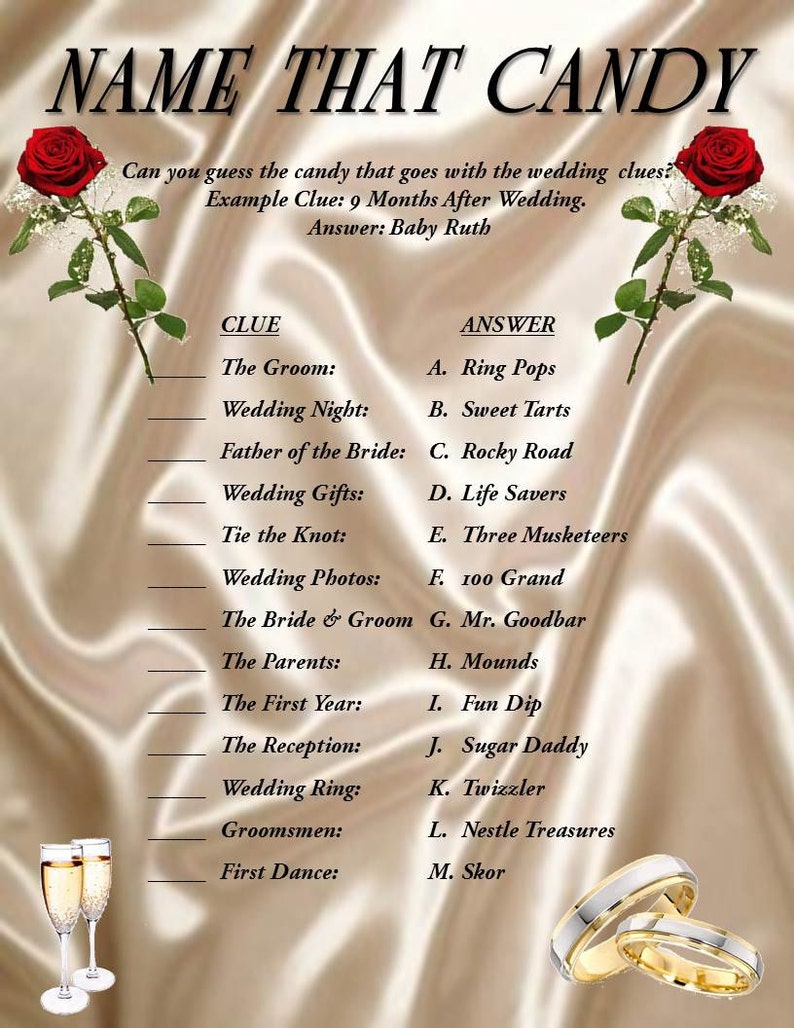 May include: A printable game card with a wedding theme. The card has a list of wedding-related clues and a list of candy names. The player must match the clue to the correct candy.