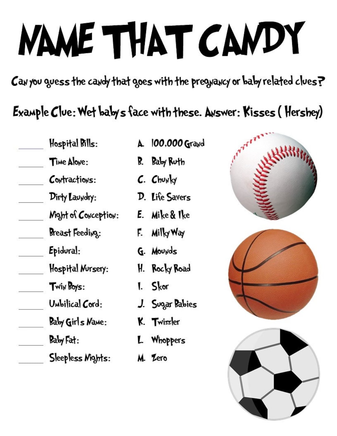 Name That Candy Sports Themed Baby Shower Game Etsy