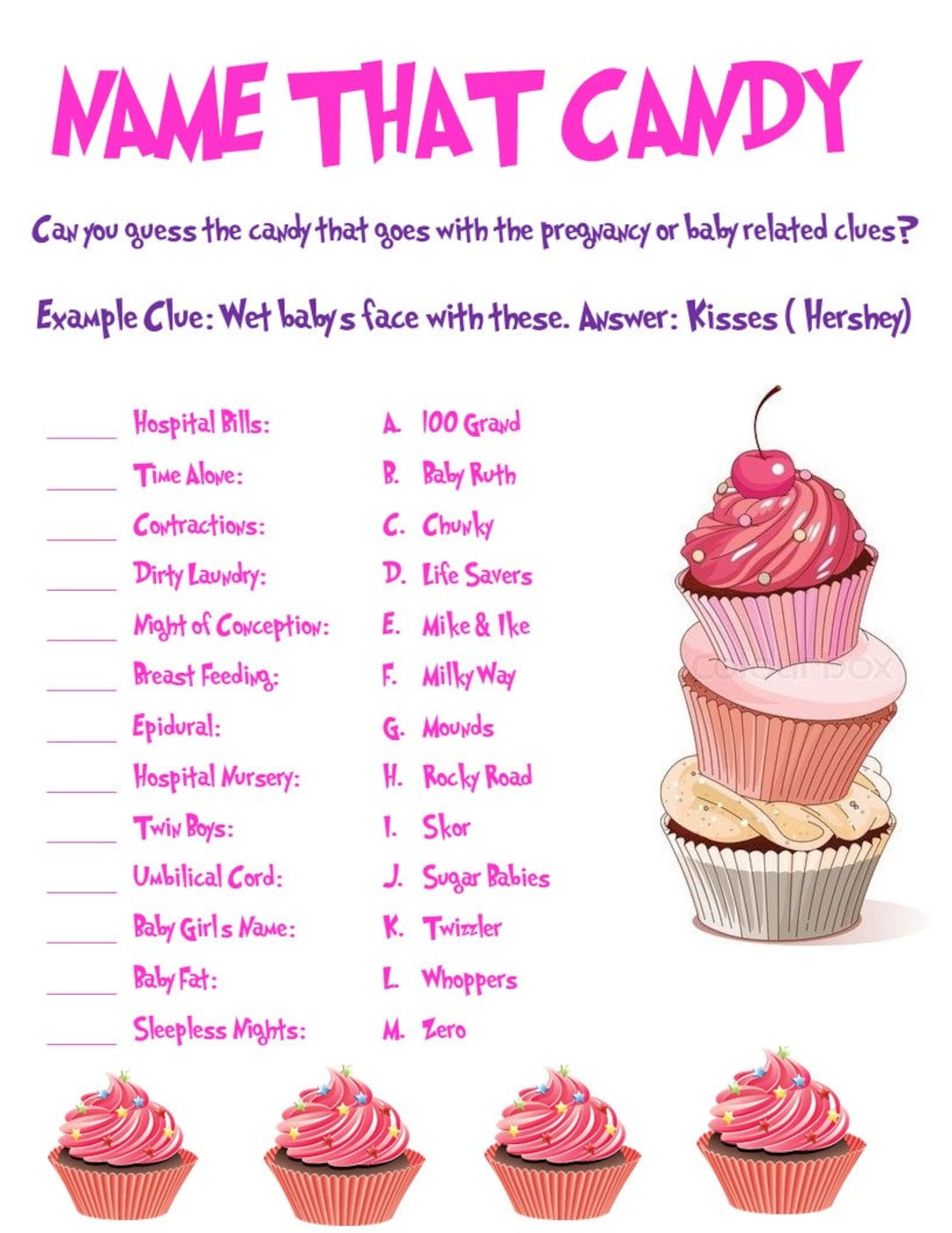 Name That Candy Cupcake Themed Baby Shower Game Etsy