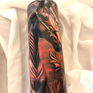 Horse or Equine Skinny 3D Travel Tumbler, Ranch or Western Tooled Leather Stainless Steel Hot Cold Insulated Cup, Country Girl Cowgirl Gift