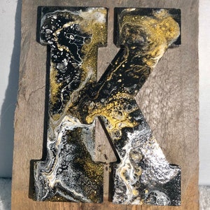Alphabet or Initial Letter K,  Rustic Acrylic Pour Art Wall Upcycled Wood Wall Hanging,  Custom Letter Wall Decor