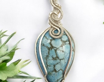 Turquoise Wire Wrapped Sterling Silver Pendant | Wire Wrapped Gemstone Necklace | Handmade Boho Jewelry | Southwest Style Gift for Her