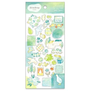 May include: A sheet of watercolour stickers with a nature theme. The stickers feature various shapes, including birds, houses, and floral elements, in shades of green, blue, and yellow. The text "dewdrop sticker" is at the top.