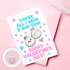 Printable Valentine&#39;s Day Card, Printable Kawaii Card, Printable Dim Sum Card, Instant Download PDF