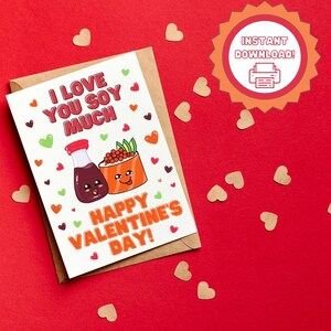 Druckbare Valentinstagskarte, druckbare Kawaii Karte, druckbare Sushi Sojasauce Karte, Sofort Download PDF