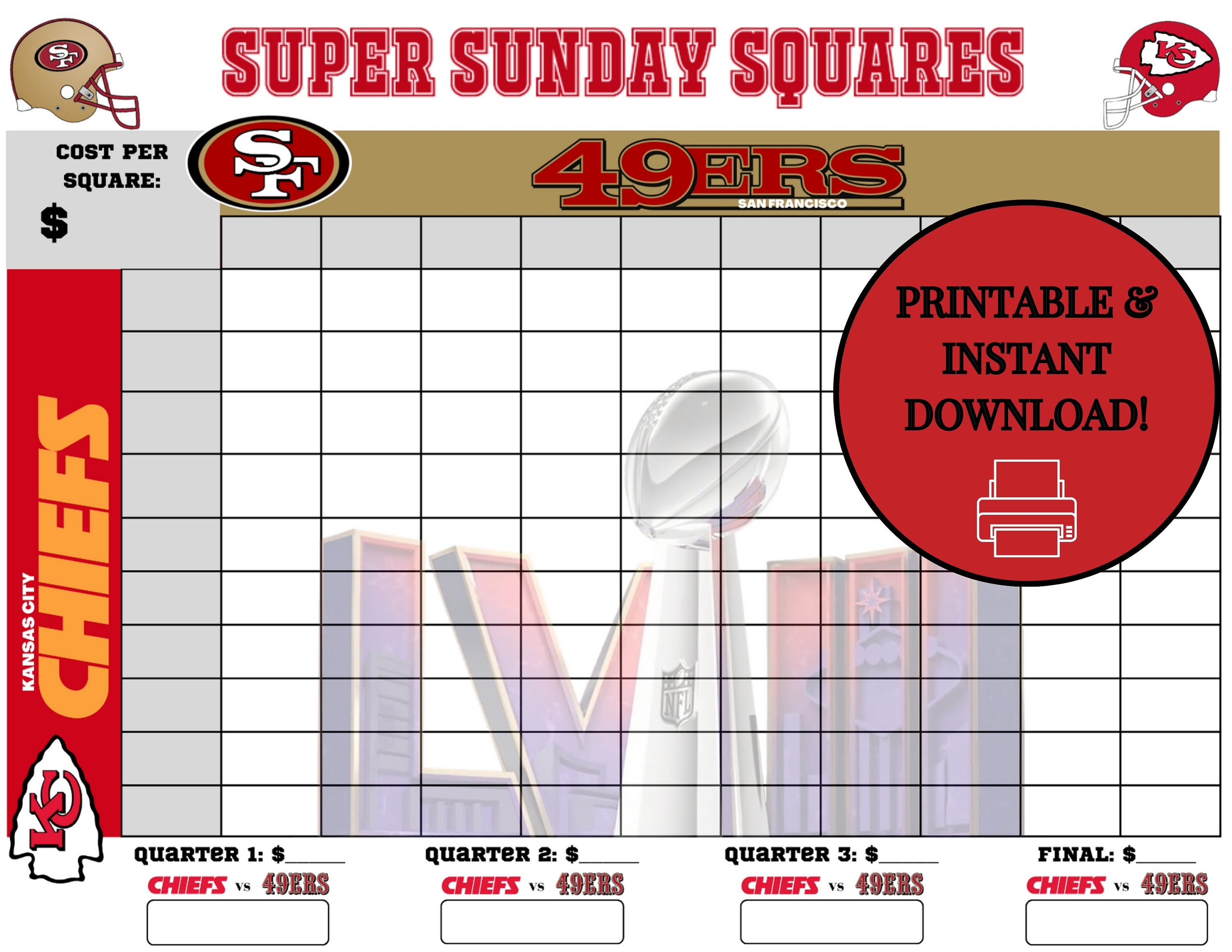 Printable Super Bowl Squares Classic 100 Numbers, Squares Game Instant