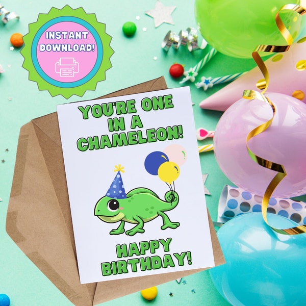 Printable Birthday Card, Printable Kawaii Card, Printable Chameleon Card, Instant Download PDF