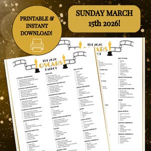 PRINTABLE 2026 Oscars Ballot, Oscars party game, Oscar nominees ballot, Oscars Office Pool, Academy Awards, Home Party (11x8.5 PDF + PNG)