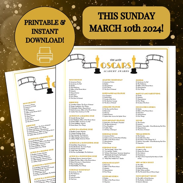 PRINTABLE 2024 Oscars Ballot, Oscars party game, Oscar nominees ballot, Oscars Office Pool, Academy Awards, Tie Breaker (11x8.5 PDF + PNG)