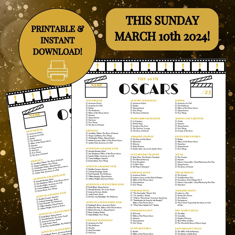 PRINTABLE 2024 Oscars Ballot, Oscars Party Game, Oscar Nominees Ballot