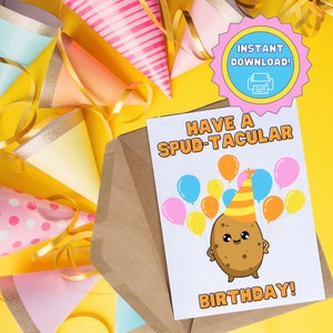 Tarjeta de cumpleaños imprimible, Tarjeta Kawaii imprimible, Tarjeta Spud-tacular imprimible, Descarga instantánea PDF