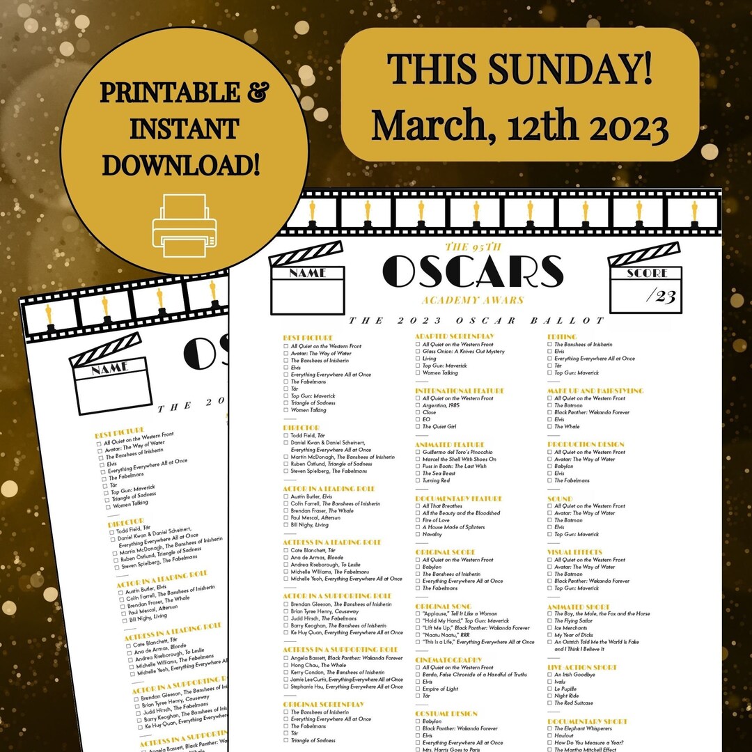 PRINTABLE 2023 Oscars Ballot, Oscars Party Game, Oscar Nominees Ballot