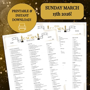 PRINTABLE 2026 Oscars Ballot, Oscars party game, Oscar nominees ballot, Oscars Office Pool, Academy Awards, Home Party (11x8.5 PDF + PNG)