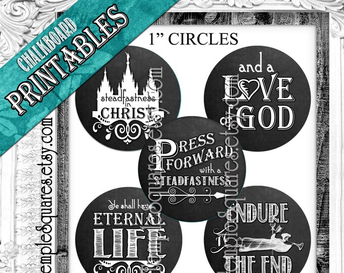 YW Young Women Printable 1" inch circles. Chalkboard  "Press Forward"  5 styles for labels, stickers, or necklace kits. Vintage Crafts DIY