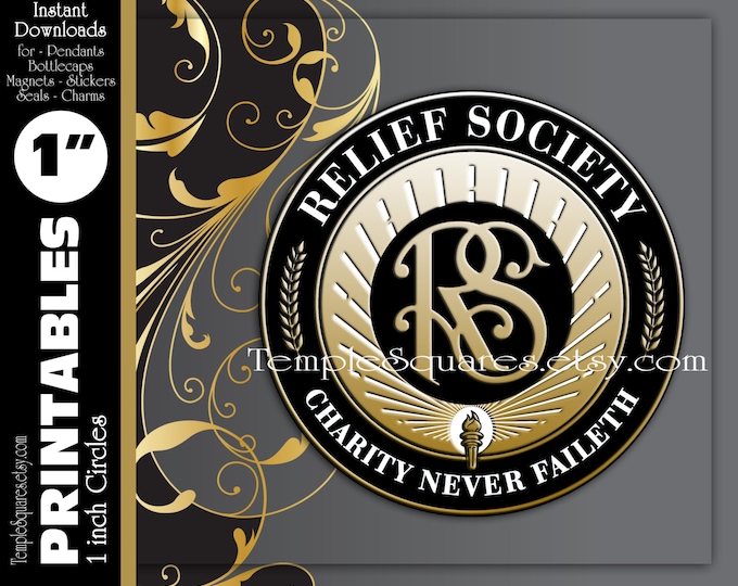 PRINTABLES - 1" Circles Relief Society Emblem Symbol in classic black and gold for pendants, necklaces, bottlecaps, Super Saturday, gifts