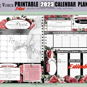 Könnte beinhalten: Ein druckbarer 2023 Kalenderplaner für junge Frauen. Der Planer enthält einen Januar-Kalender, Abschnitte zum Evangeliumsstudium, Aufgaben für den Dienst und Aktivitäten sowie Platz für Geburtstage, Veranstaltungen und Eindrücke. Das Design umfasst florale Akzente.