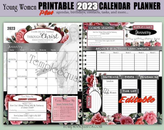 Editable PDF YW Presidency and Class Calendar Planner Agendas 2023 Theme I Can Do All Things Through Christ Printable Bundle Young Women