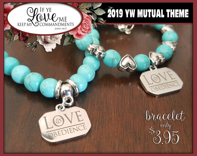 Charm Bracelet YW Young Women Theme Love & Obedience LDS Jewelry Stone Turquoise Beads New Beginnings Christmas Birthday gifts Scripture