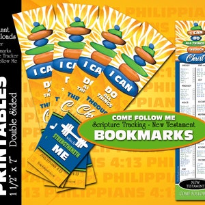 May include: Four printable bookmarks with a yellow and white zebra print background. The bookmarks feature a scripture tracker for the New Testament, a motivational quote, and a colorful stacked stone design. The text on the bookmarks reads "Come Follow Me Scripture Tracking - New Testament Bookmarks" and "I Can Do All Things Through Christ".