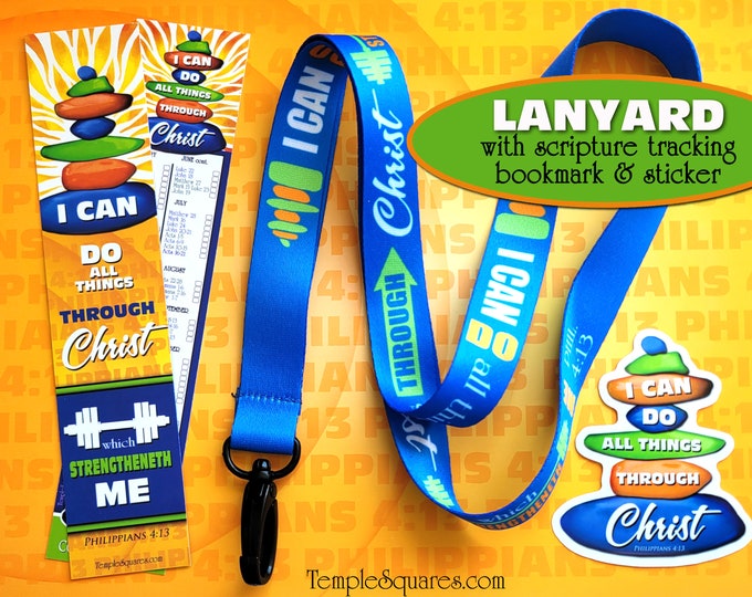 YW 2023 Youth Theme I Can Do All Things Through Christ Colorful Lanyard, Waterproof Vinyl Sticker and Scripture Tracking Bookmark Primary