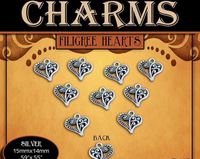 Pack of 10 CHARMS - Filigree Heart Tibetan Antique Silver - Love Jewelry Findings for Necklaces, Bracelets, Pendants, Craft Projects