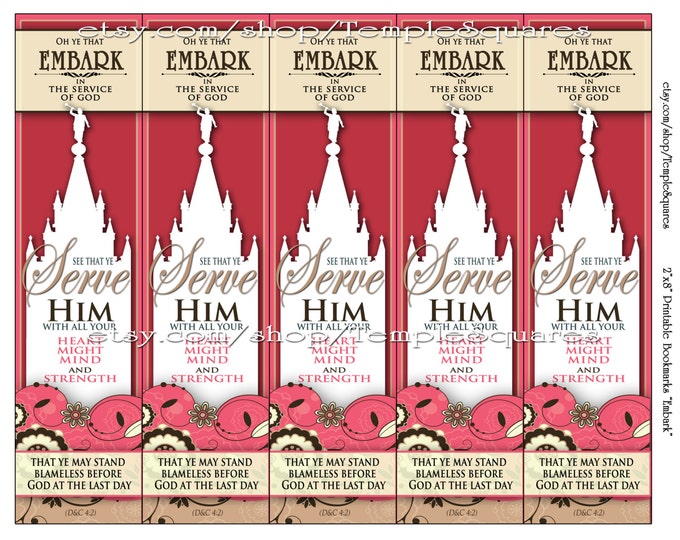 PRINTABLES Bookmarks LDS YW Young Women 2015 Theme "Embark in the Service of God" Five Large 2"x8" Bookmarks per page Temple Art Design
