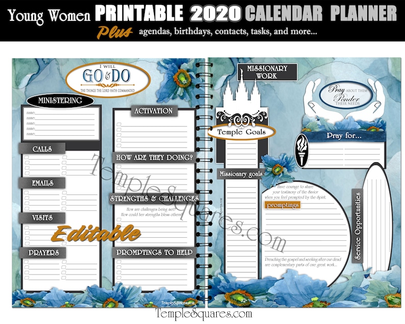 Editable PDF YW Presidency Calendar Planner Agendas Cover 2020 Etsy
