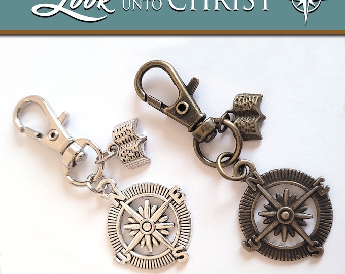Compass and Scripture key ring or purse clip 2025 Youth Theme Look unto Christ. Pioneer Girl Style optional collector card or bookmark.