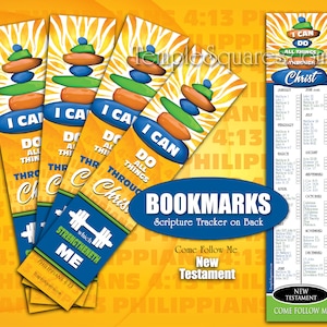 May include: Four colorful bookmarks with a zebra print background. The bookmarks feature a stack of colorful stones and the text "I can do all things through Christ". The back of the bookmark has a scripture tracker for the New Testament Come Follow Me curriculum.