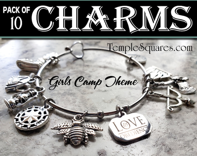 Girls Camp Charms for Bracelets YW LDS lantern compass tree owl backpack hiking shoe bow arrow Come Follow Me Young Women