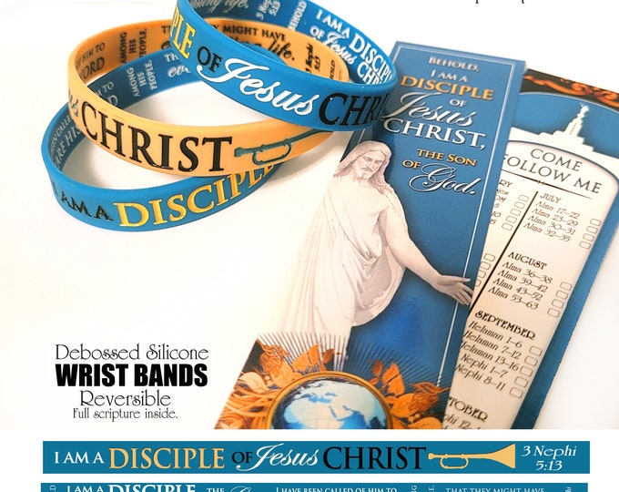 Beautiful Colorful Silicone Wristband Bracelets. "I Am A Disciple of Jesus Christ" 2024 Youth Theme with Card, or Bookmark LDS