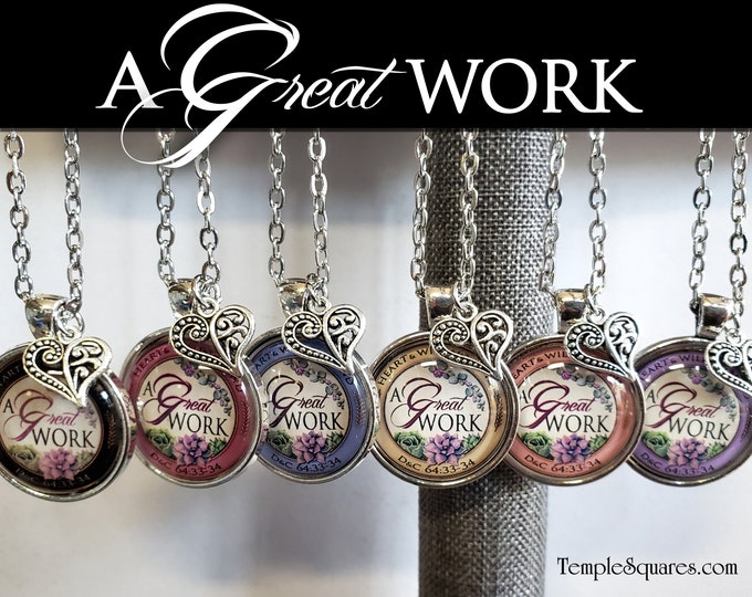 A Great Work YW Youth Theme Pendant Necklace and Bookmark Young Women Relief Society or Birthday Gift Come Follow Me New Beginnings LDS