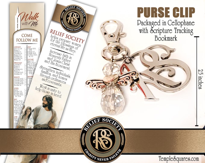 Beautiful Relief Society Purse Clip. Stainless Steel RS Charm and Crystal Angel with optional Scripture Tracking Bookmark
