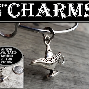 May include: A pack of 8 antique silver-plated genie lamp charms. Each charm is 22x18mm, or .71" x .86", and is made of zinc alloy.